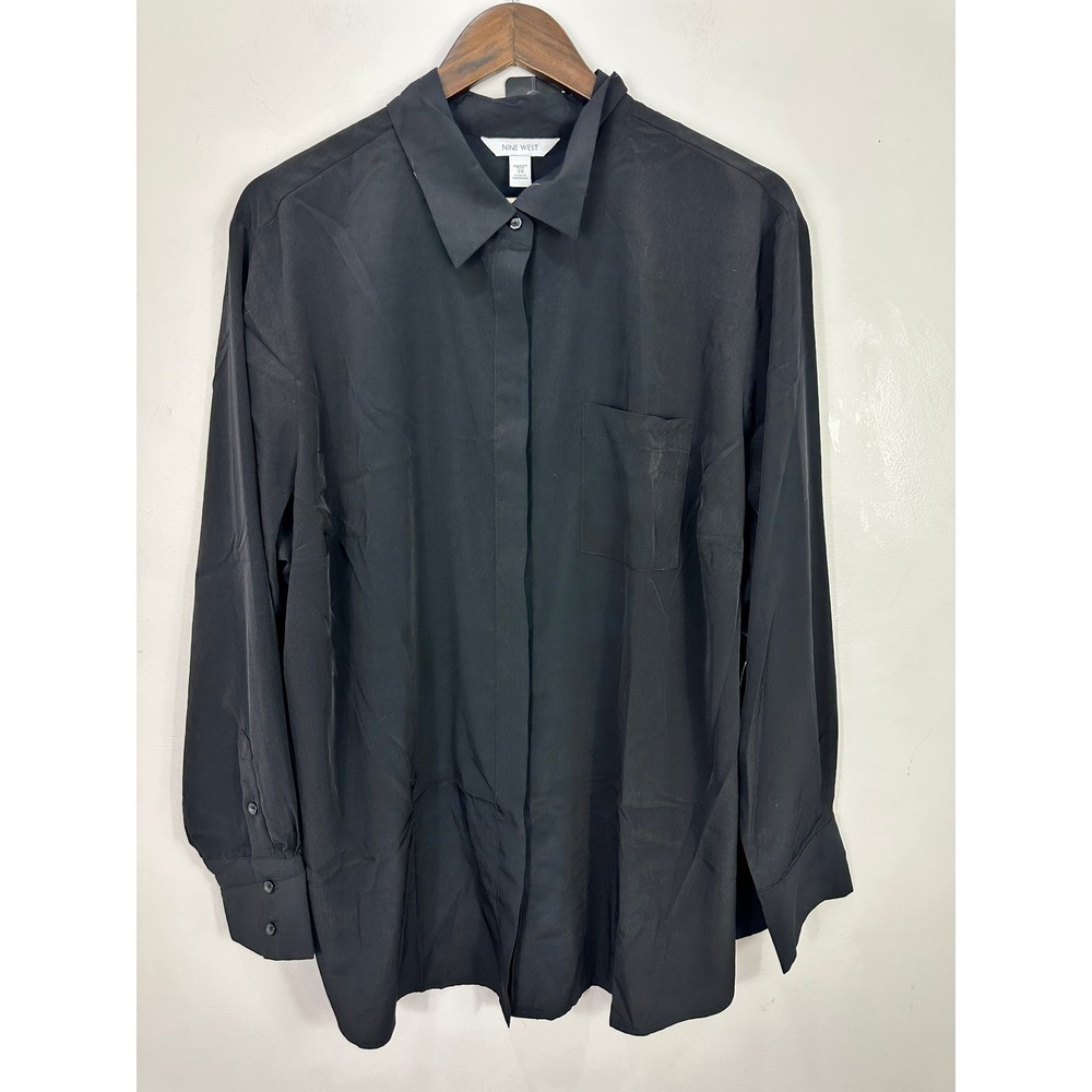 Nine West Black Button Up Blouse Minimalist‎ Office Chic Career Top Size 2X NWT